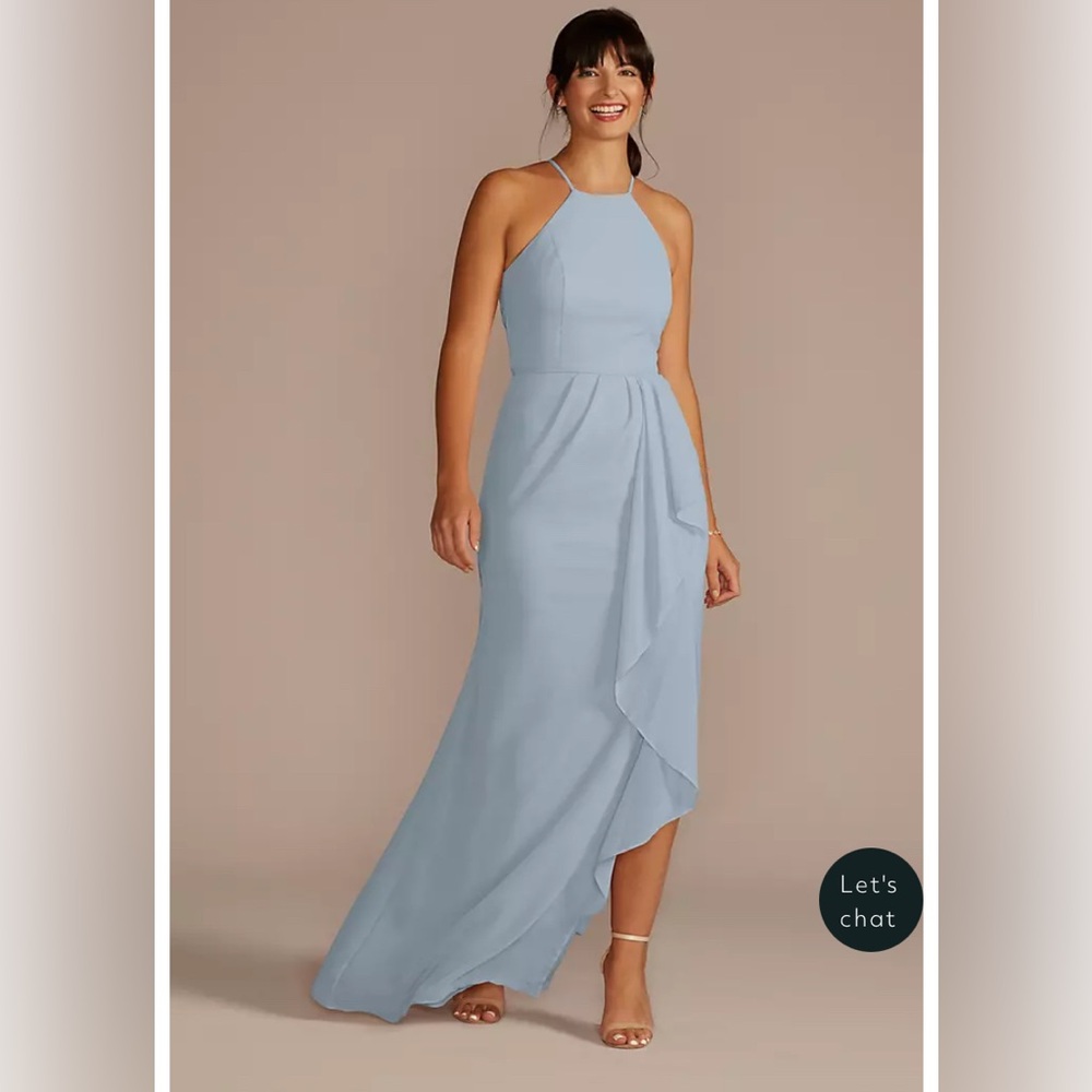 David’s Bridal High-Neck Chiffon Dress with Cascade - Dusty Blue